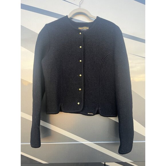 Vintage 90s GEIGER boiled wool black short jacket gold buttons logo sz 42(10) - Picture 1 of 10